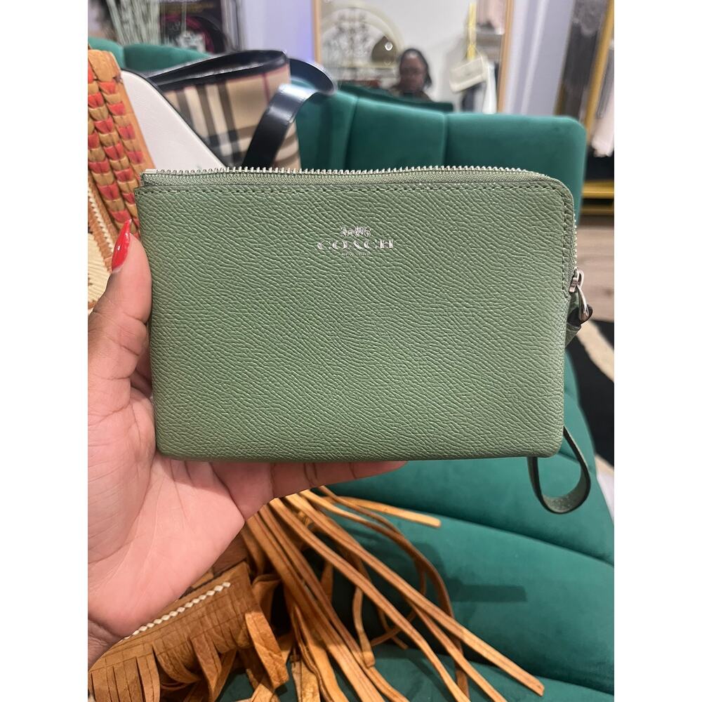 Coach Green Pebbled Leather Wristlet Wallet Zip Around Small Crossbody Pouch
